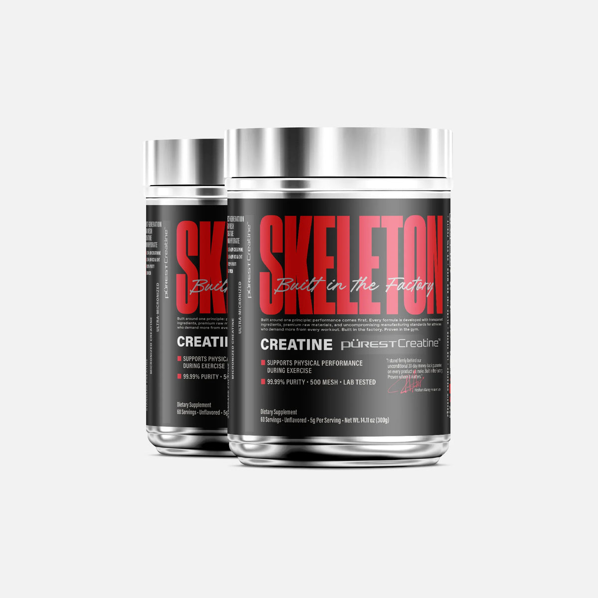 SKELETON® PÜREST™ Creatine Double Stack – 2 × 300G ultra-fine 500 Mesh creatine, 99.99% purity, 120 servings, with free Smart Shaker and free shipping.