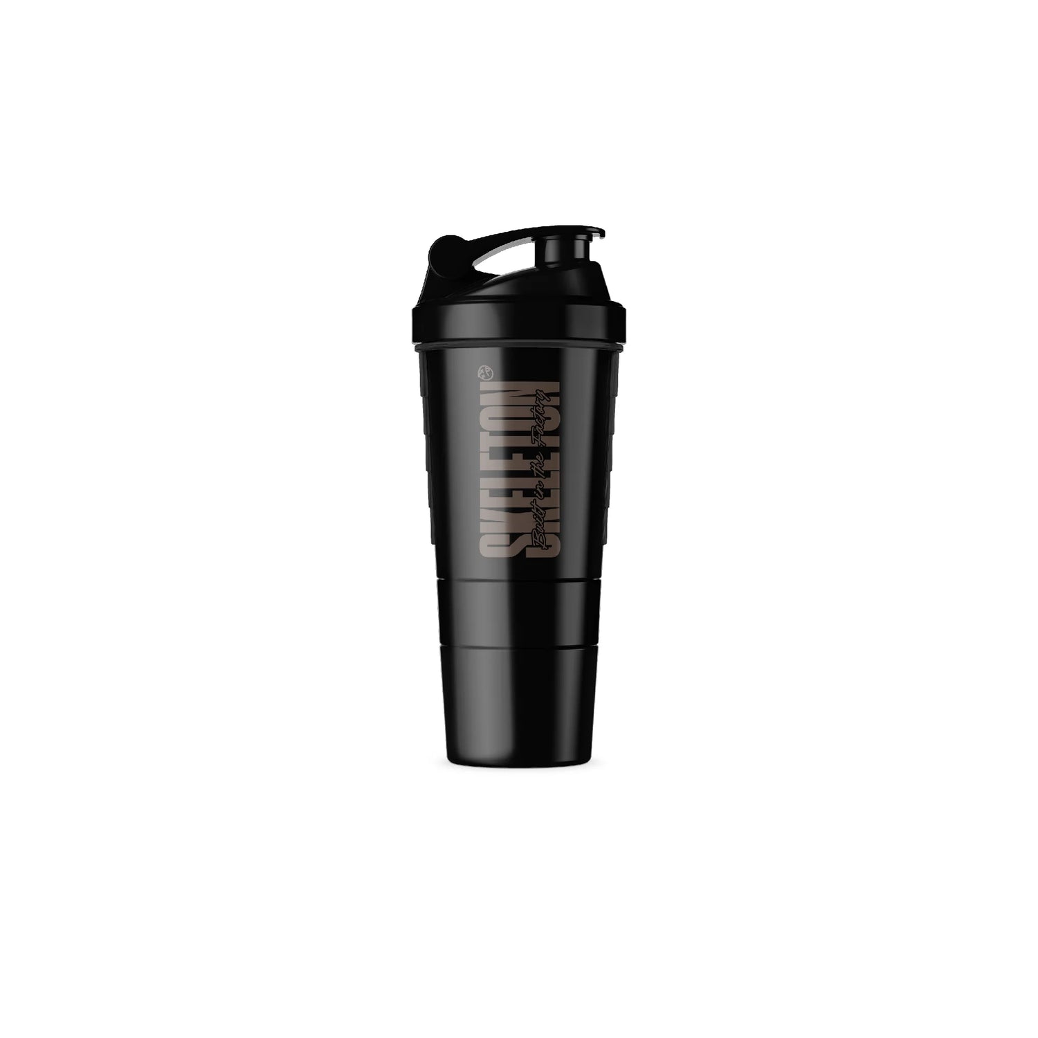 Black SKELETON® Smart Shaker with leak-proof lid for mixing protein shakes and supplements.