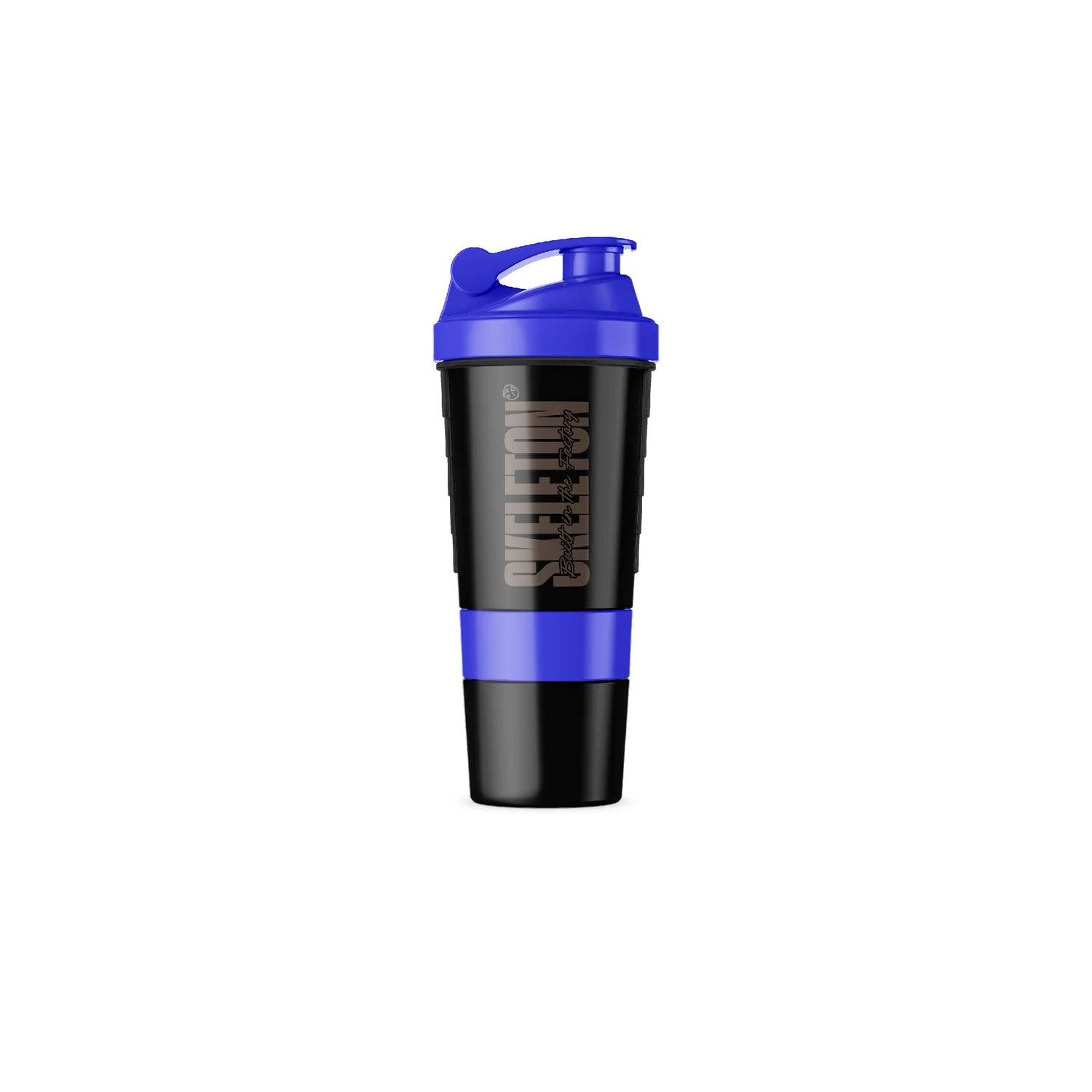 Blue SKELETON® Smart Shaker with leak-proof lid for mixing protein shakes and supplements.