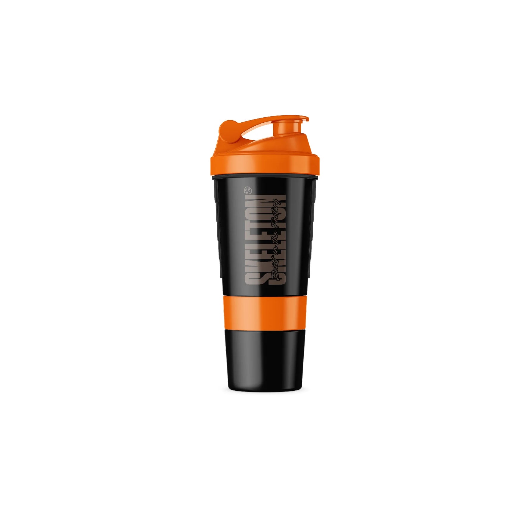 Orange SKELETON® Smart Shaker with leak-proof lid for mixing protein shakes and supplements.