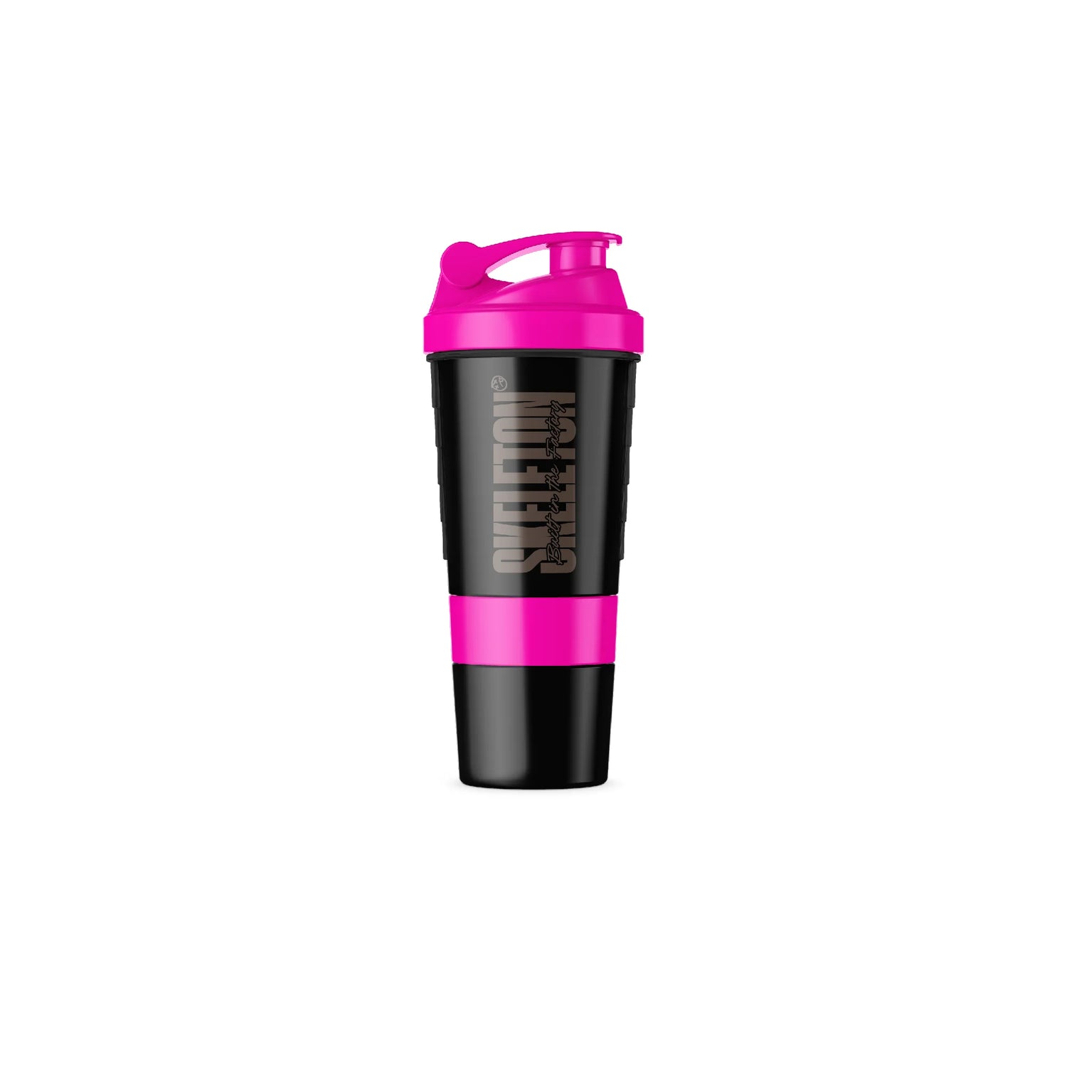 Pink SKELETON® Smart Shaker with leak-proof lid for mixing protein shakes and supplements.