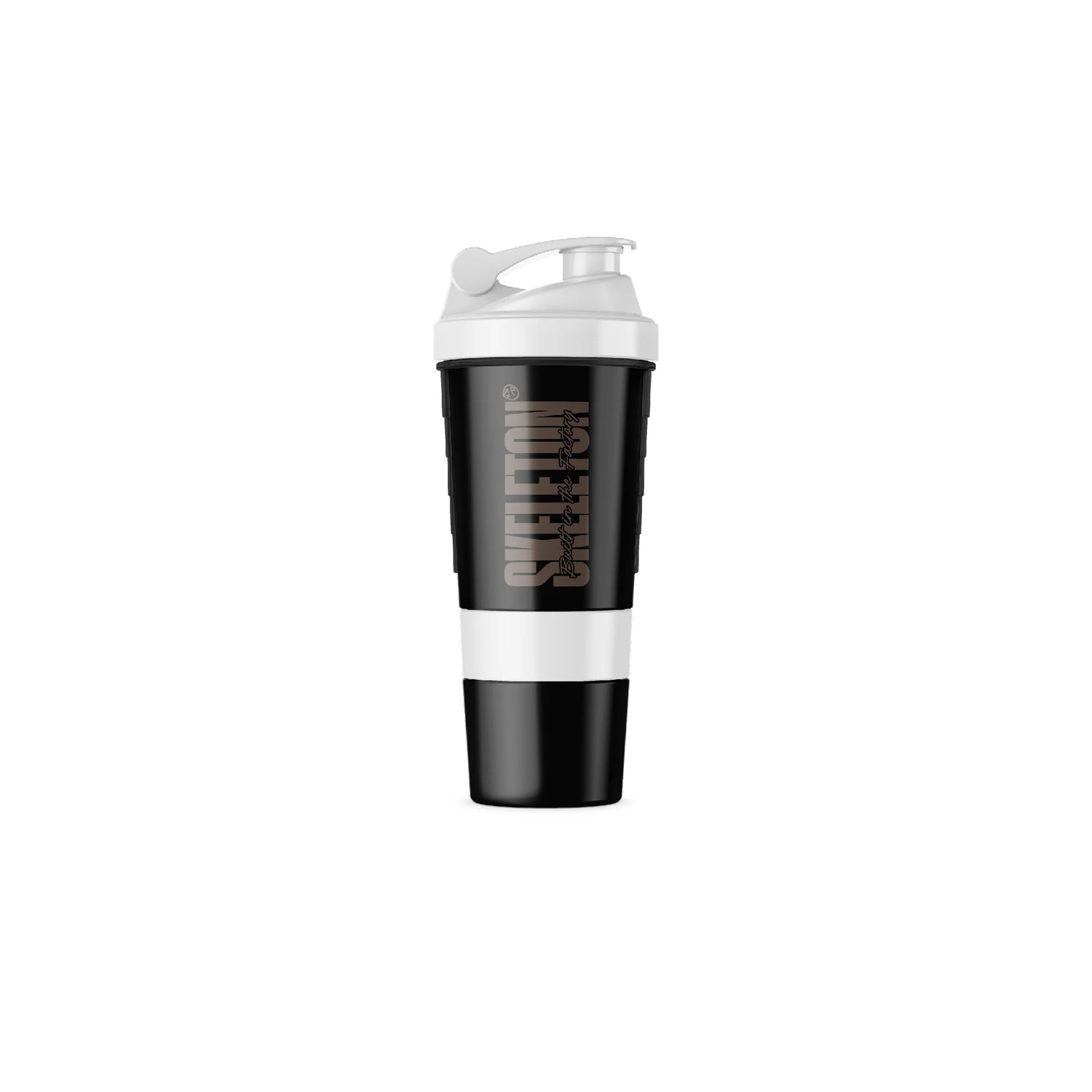 White SKELETON® Smart Shaker with leak-proof lid for mixing protein shakes and supplements.