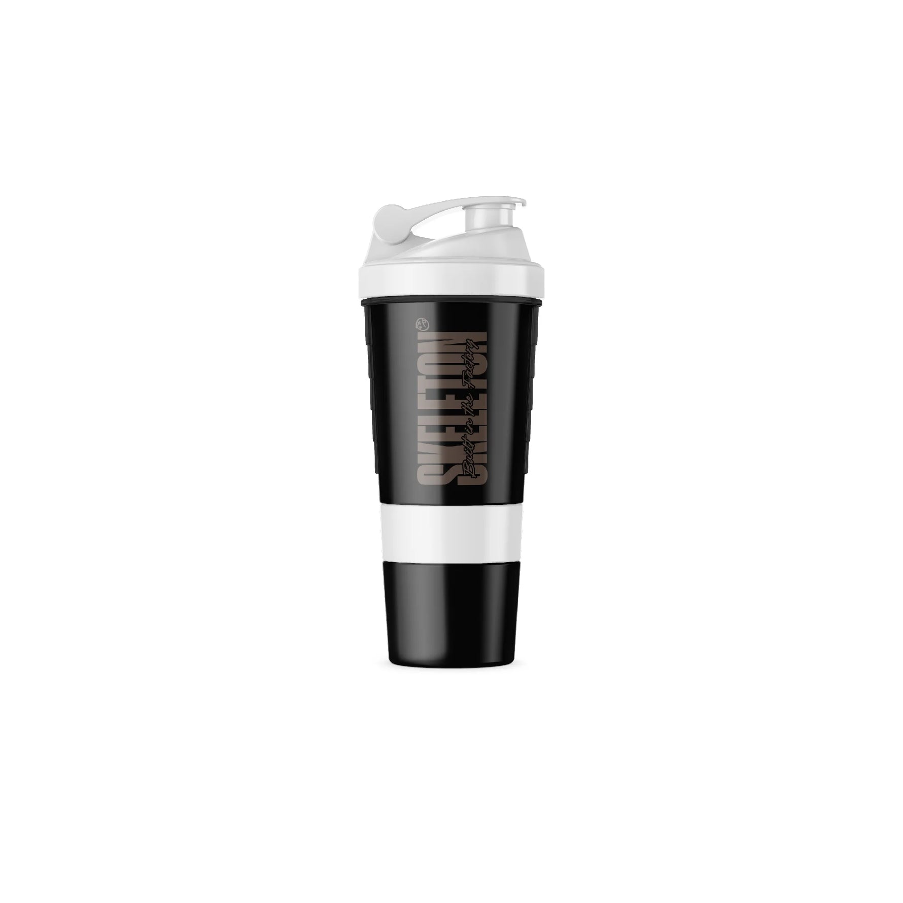 White SKELETON® Smart Shaker with leak-proof lid for mixing protein shakes and supplements.