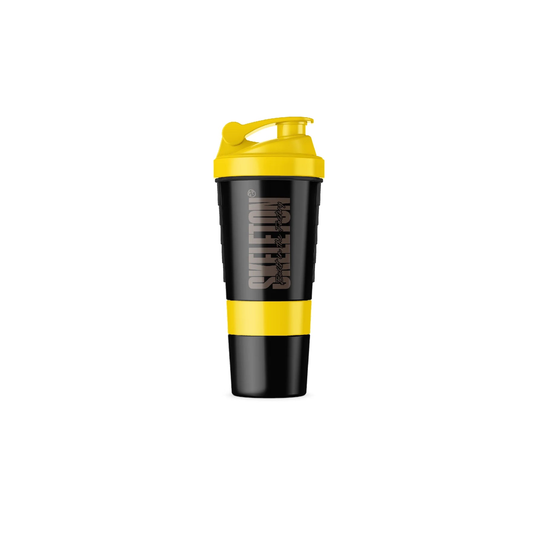 Yellow SKELETON® Smart Shaker with leak-proof lid for mixing protein shakes and supplements.