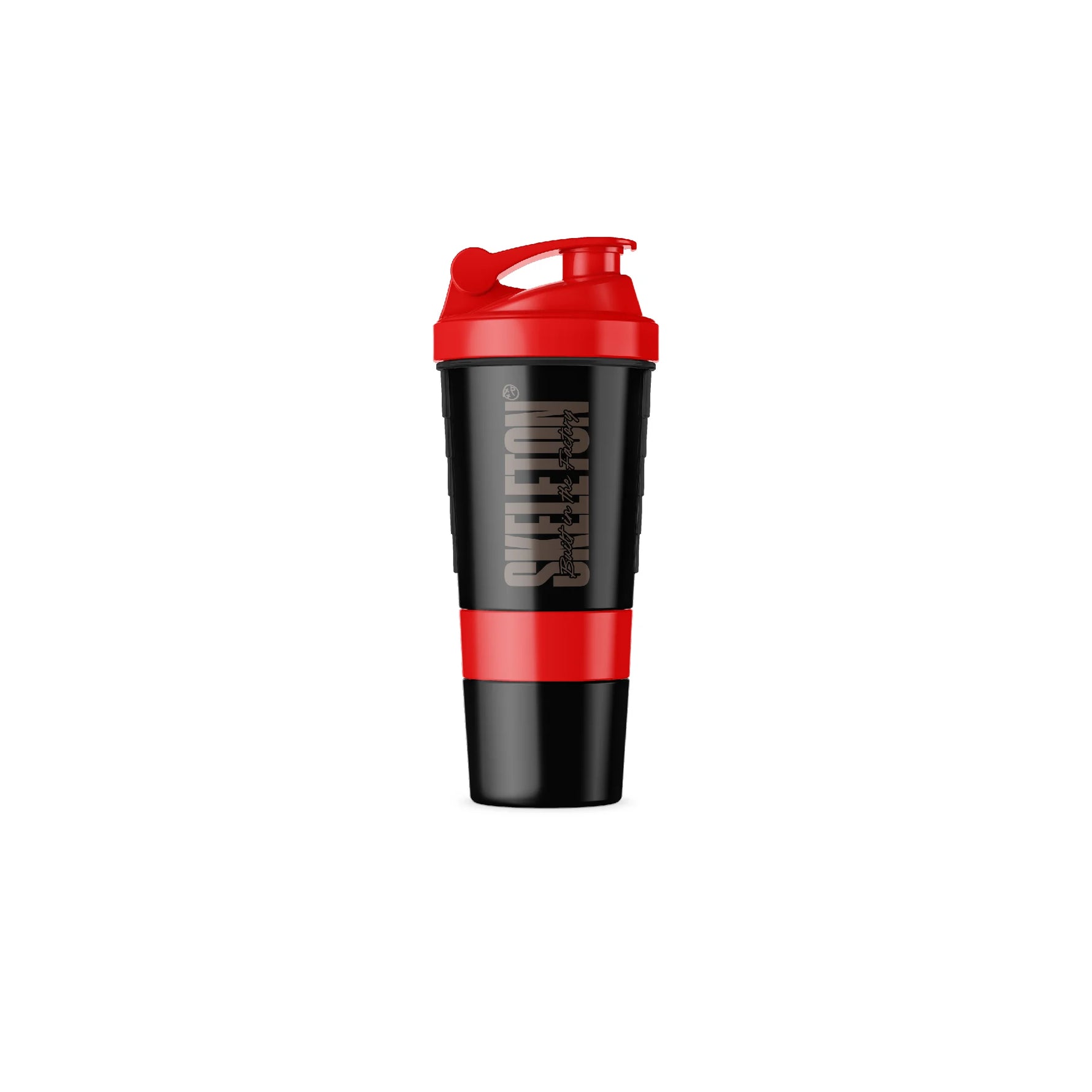 Red SKELETON® Smart Shaker with leak-proof lid for mixing protein shakes and supplements.