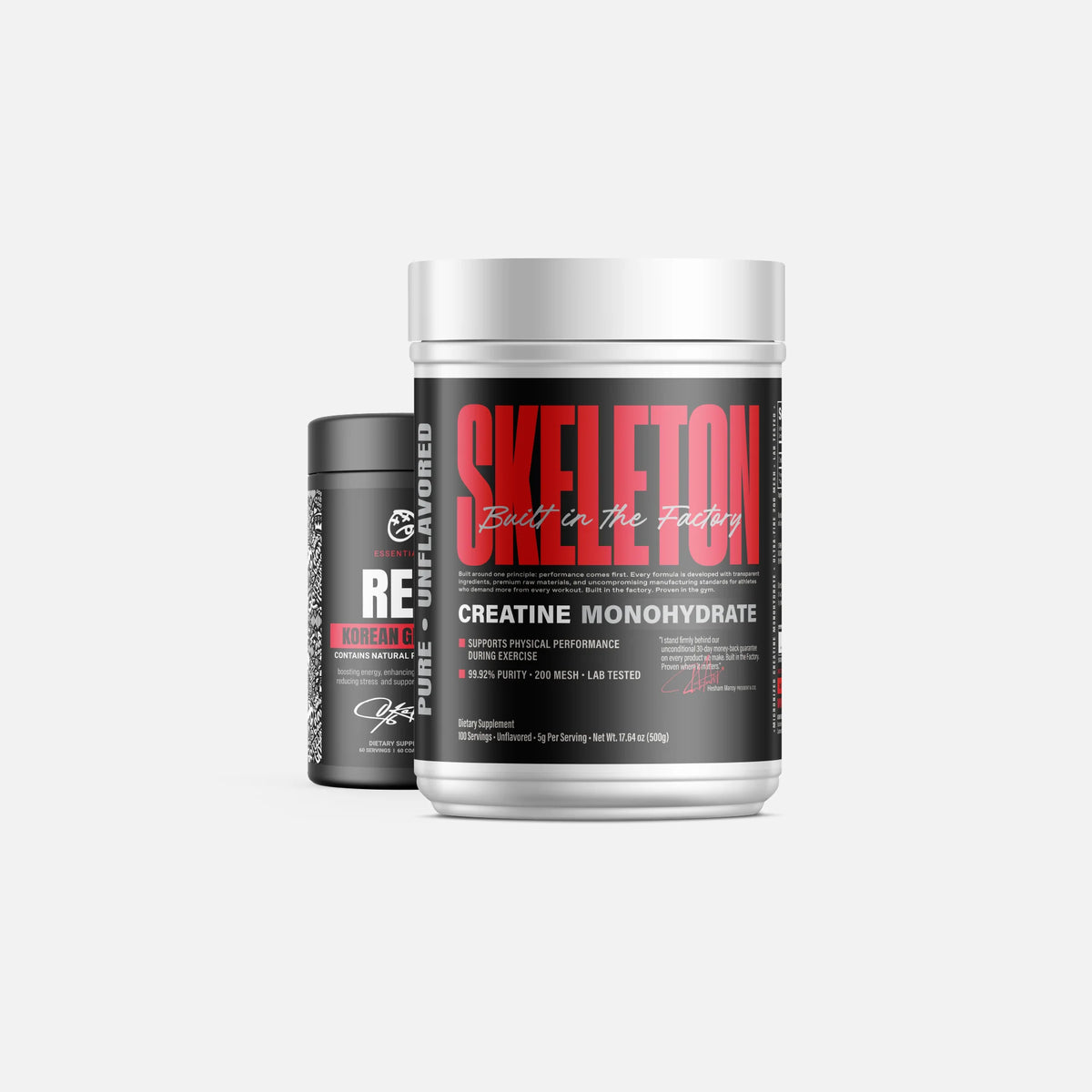 SKELETON® Creatine Monohydrate Double Stack Bundle featuring 2 × 500g tubs, 1kg total creatine for strength, power, and muscle performance.