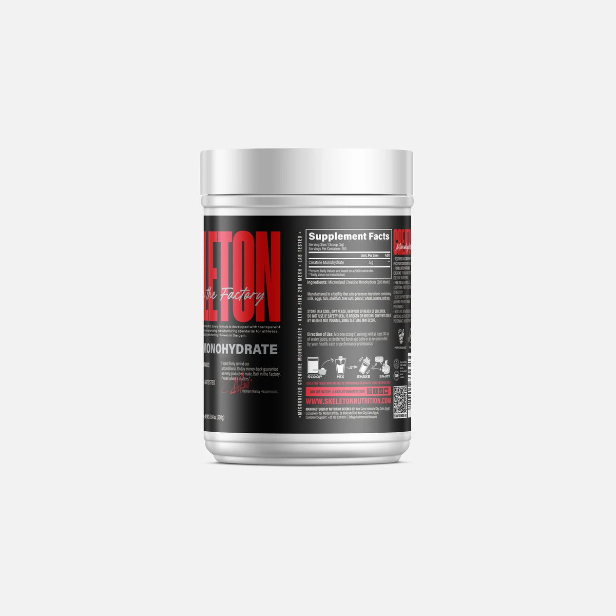 Creatine Monohydrate 500g supplement facts – Skeleton Nutrition 100 servings