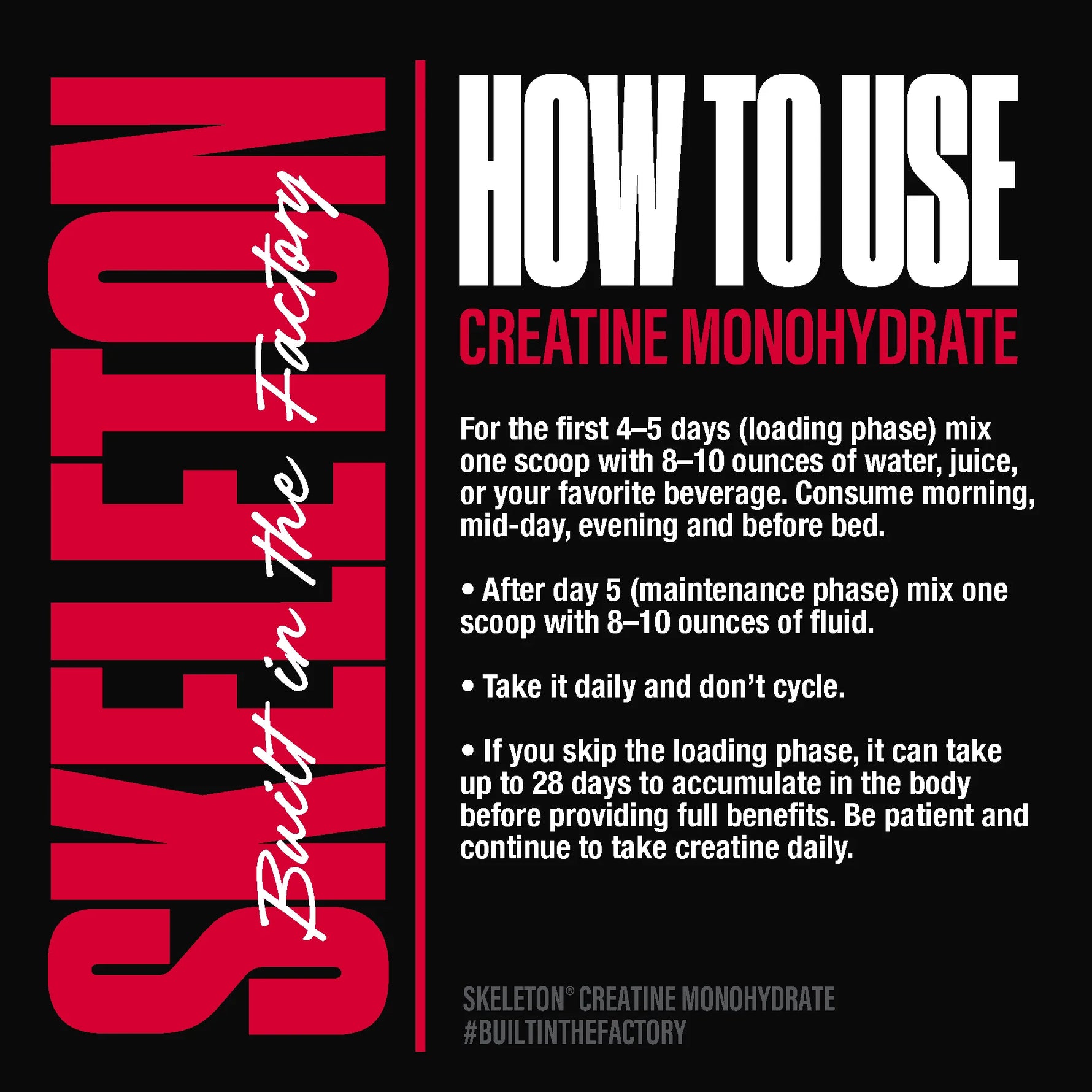 SKELETON Creatine Monohydrate how to use – daily serving and loading phase directions