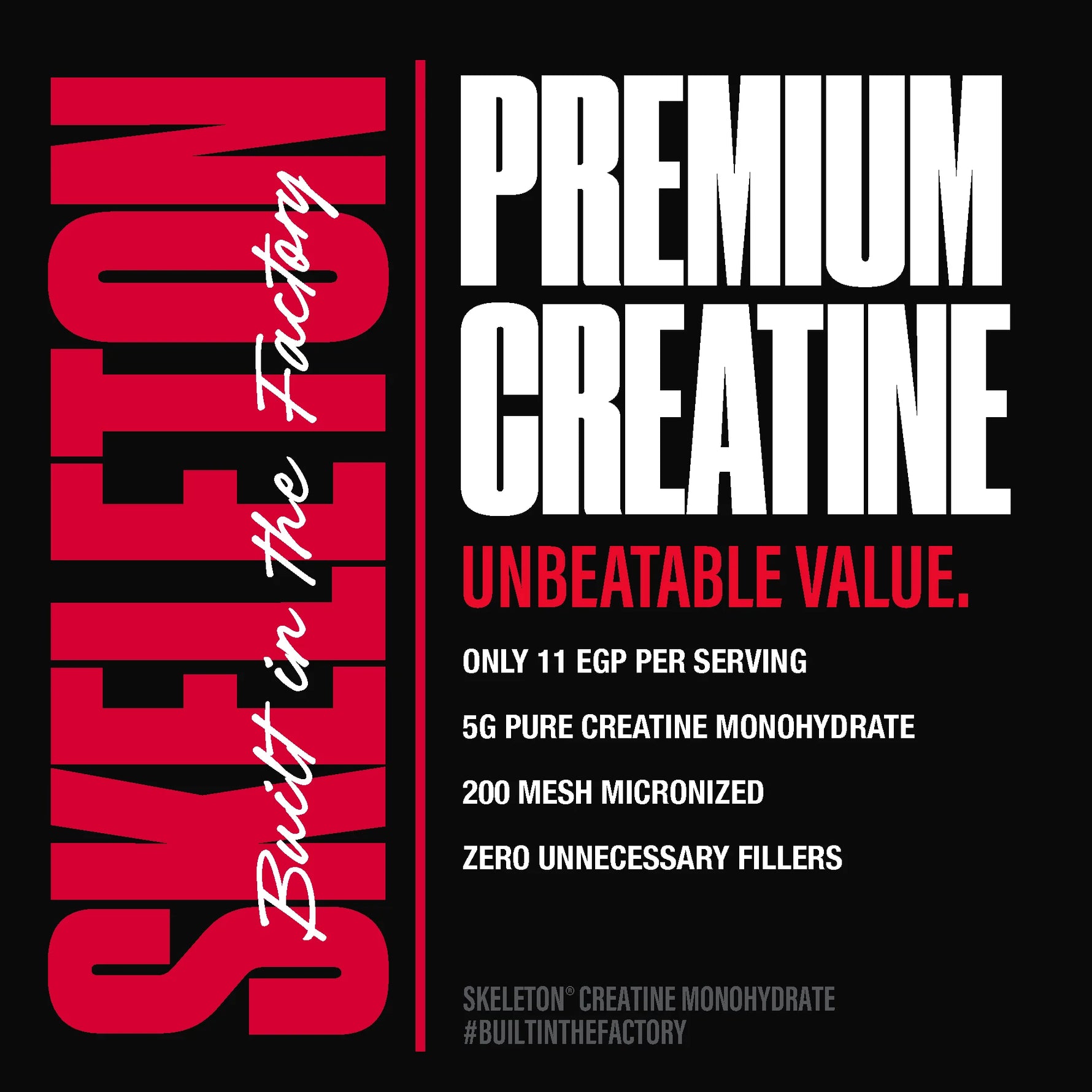 SKELETON Creatine Monohydrate premium value – 5G per serving, 200 mesh micronized creatine
