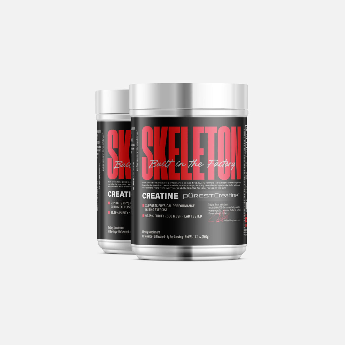 SKELETON® PÜREST™ Creatine Double Stack Bundle featuring 2 × 300g tubs of 500 Mesh micronized creatine monohydrate, 600g total.