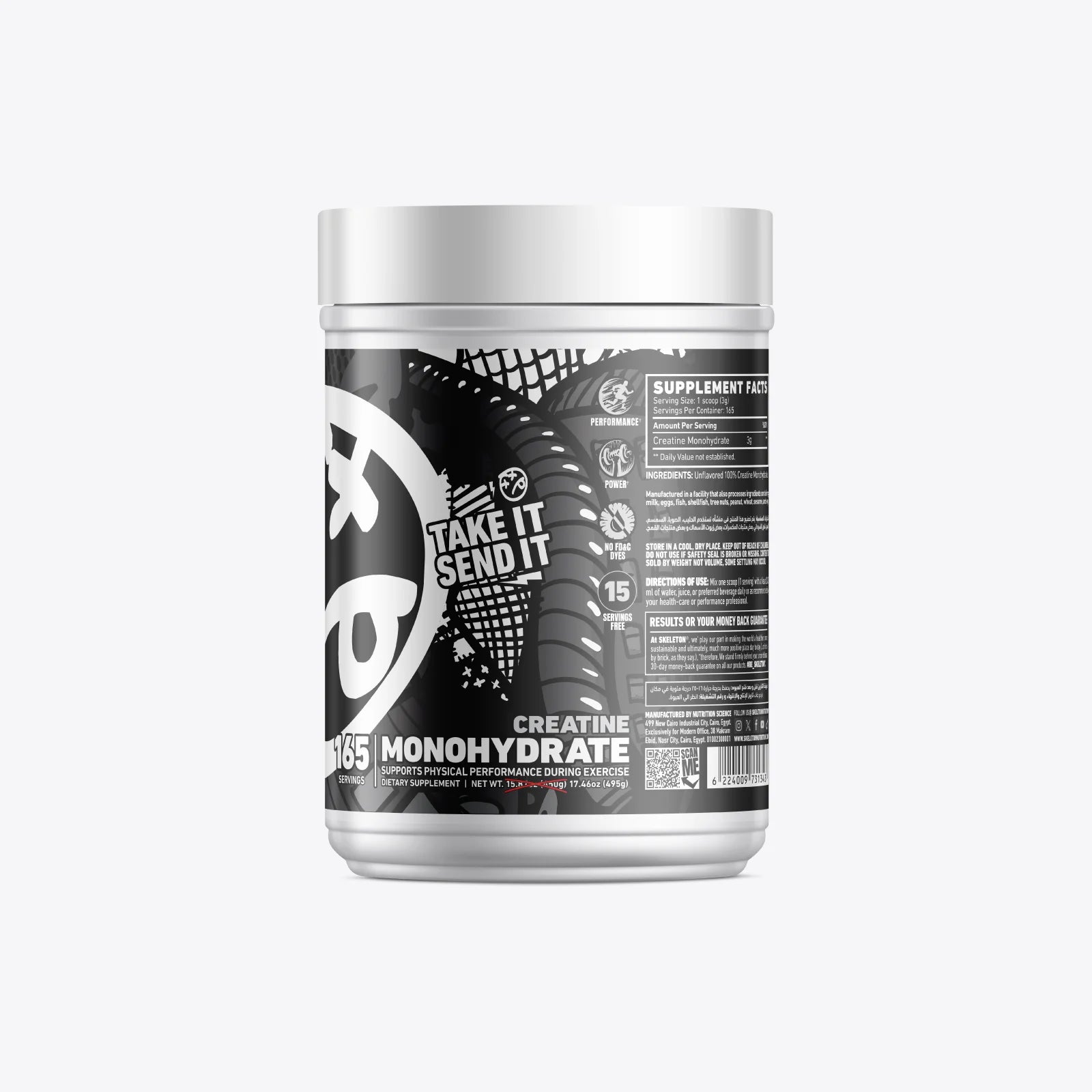 SKELETON® Nutrition Creatine Monohydrate 165 servings right angle view on a light gray studio background