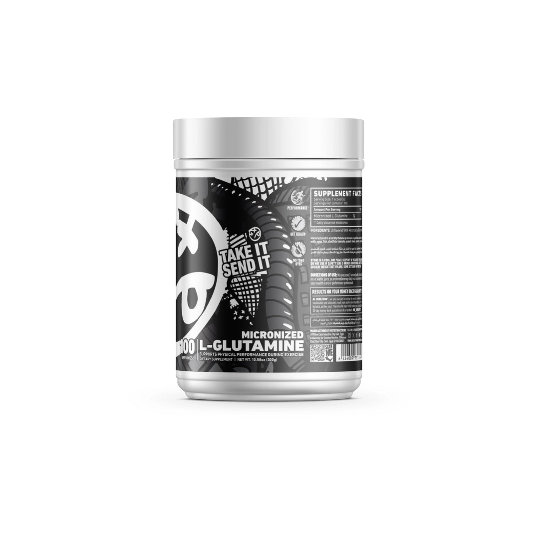 SKELETON® Micronized L-Glutamine side angle on clean white studio background