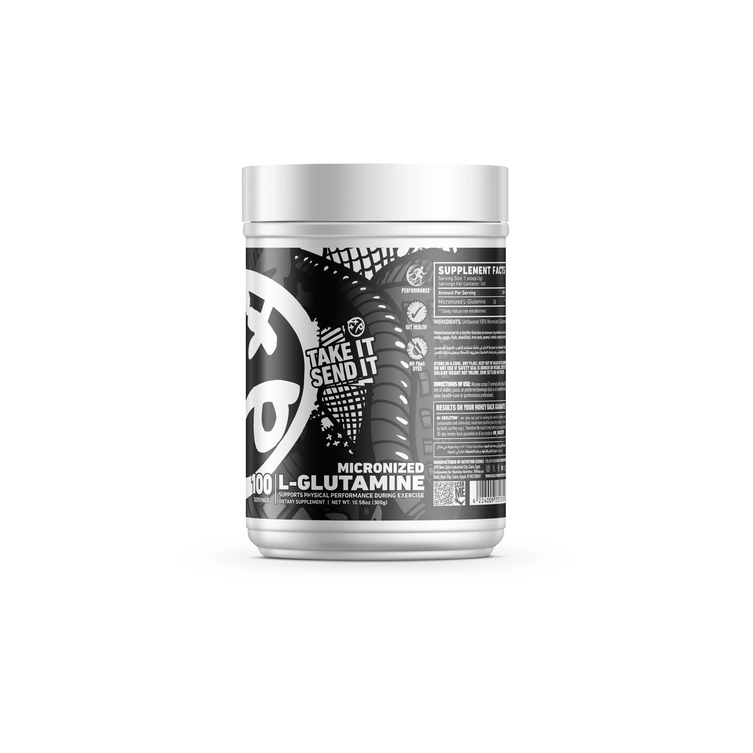 SKELETON® Micronized L-Glutamine side angle on clean white studio background