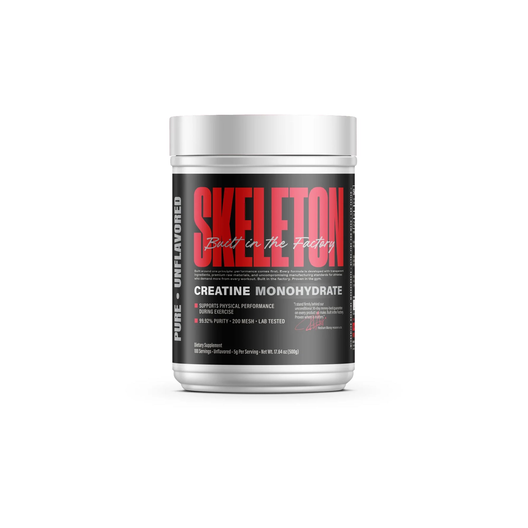 A white tub of SKELETON Creatine Monohydrate 500g on a plain white background. The label is black with bold red and white text.