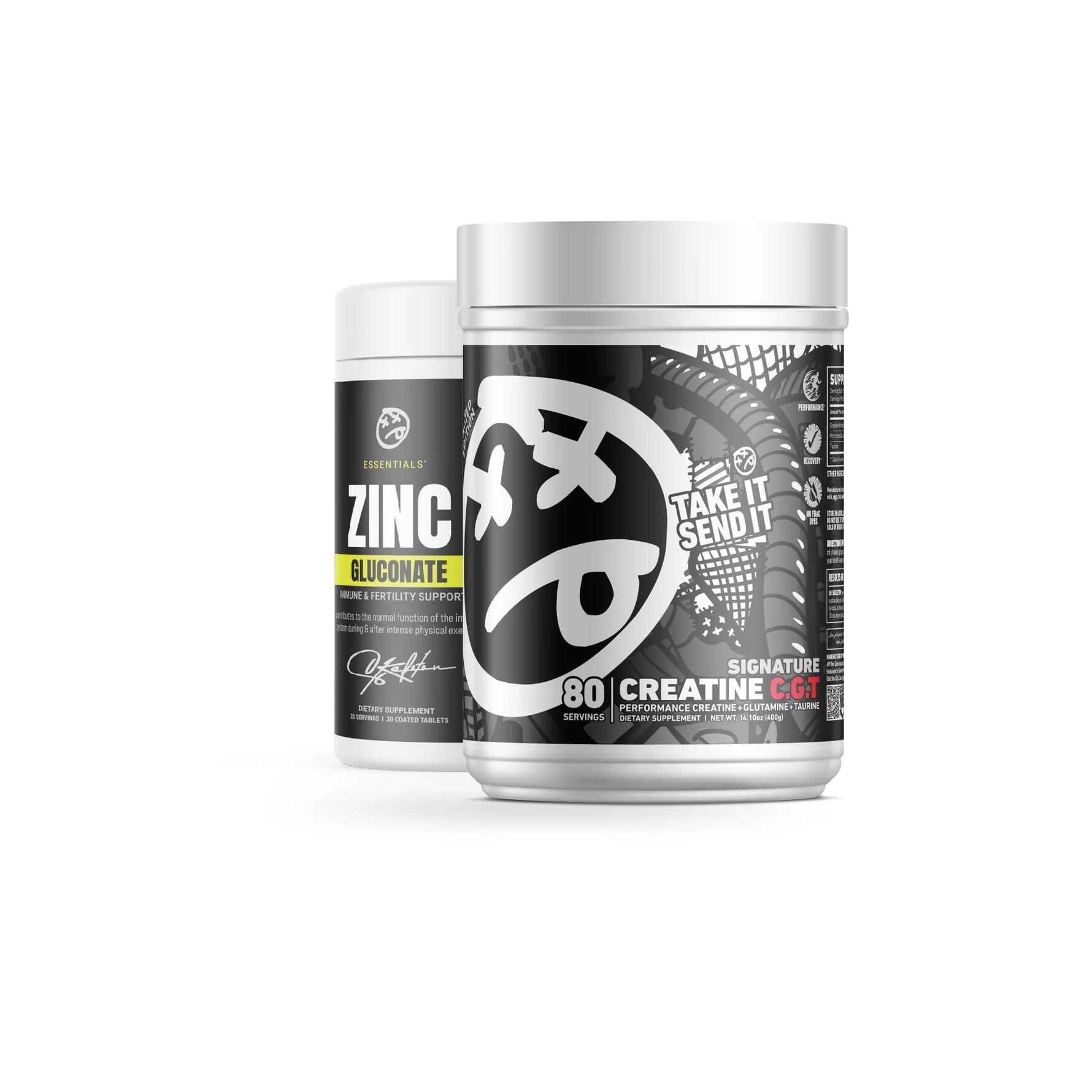 Two supplement containers on a white background: a larger silver tub labeled Signature Creatine GGT in the foreground and a smaller black bottle labeled Zinc Glucinate behind it.