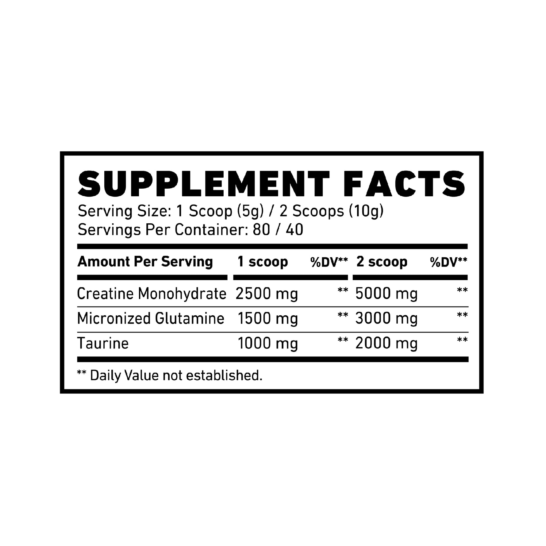 SKELETON Creatine CGT Supplement Facts Panel with Creatine, Glutamine and Taurine Ingredients, Serving Size and Nutrition Information