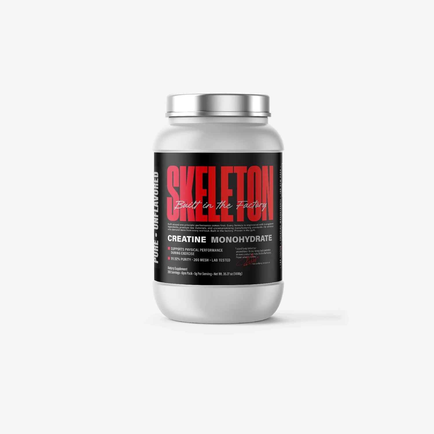 SKELETON® Creatine Monohydrate 1KG tub front view with black, red and white label.