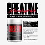 SKELETON Creatine Monohydrate 500g unflavored with 200 Mesh micronized particles, 99.92% purity, 100 servings, and supplement facts.