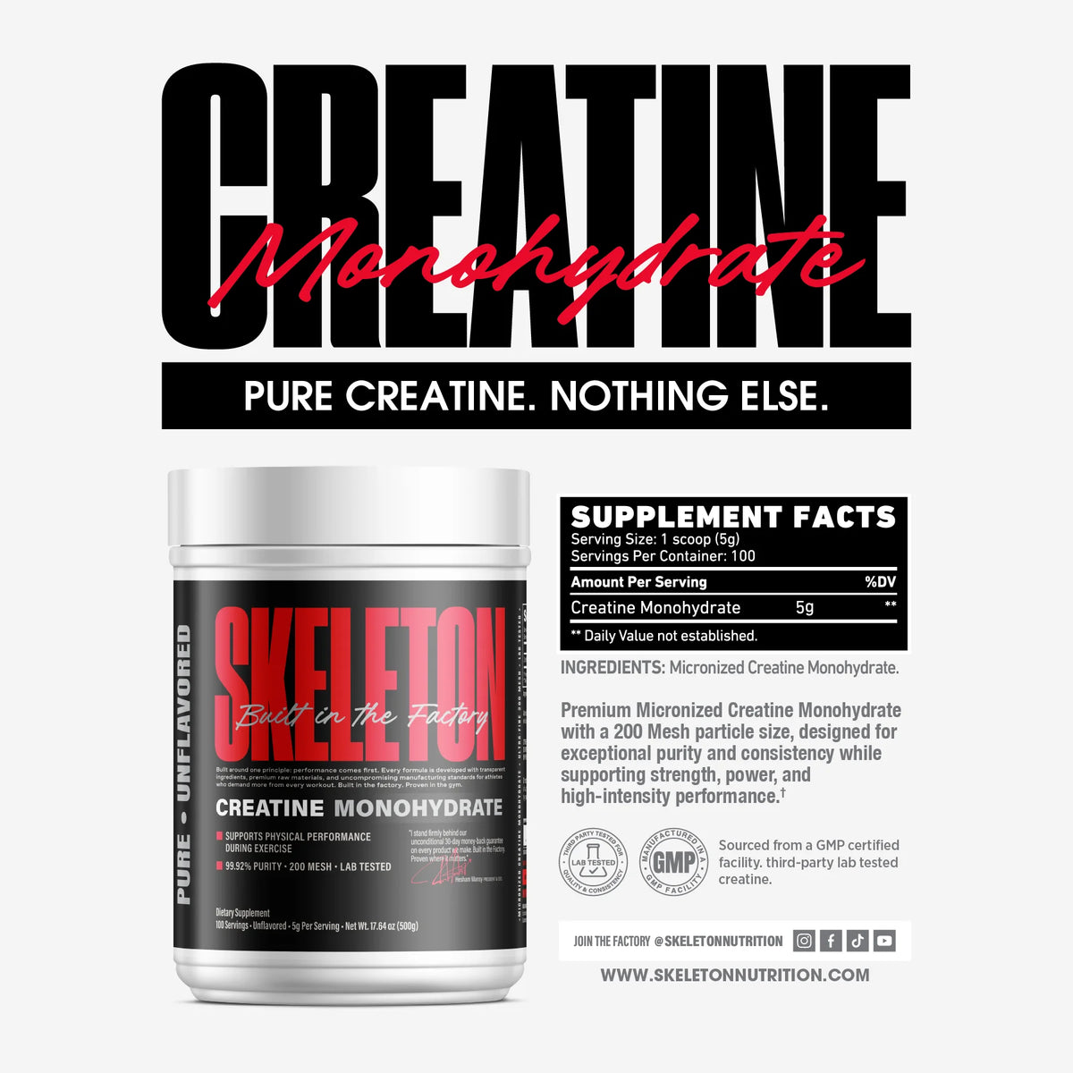 SKELETON Creatine Monohydrate 500g unflavored with 200 Mesh micronized particles, 99.92% purity, 100 servings, and supplement facts.