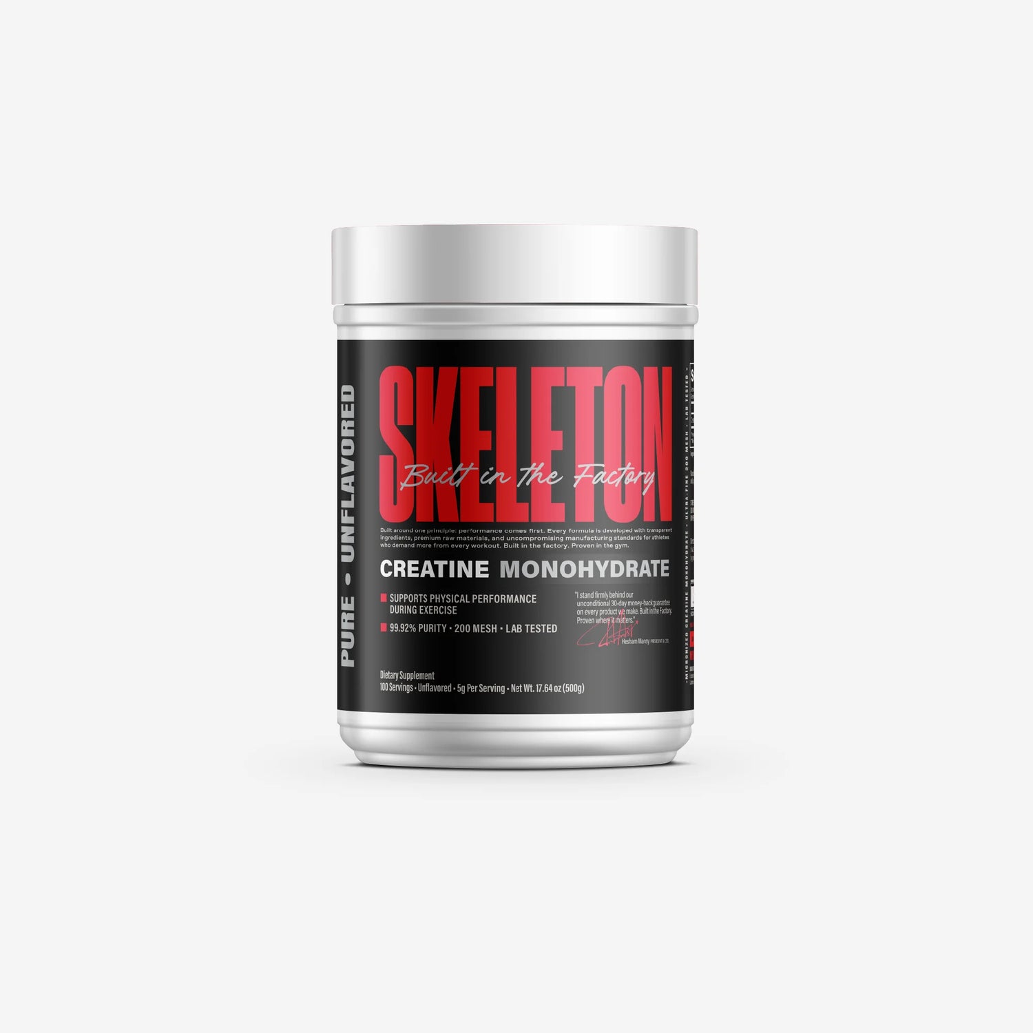 SKELETON® Creatine Monohydrate 500G tub with black, red and white label on a white background.