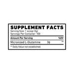 SKELETON Micronized L-Glutamine Supplement Facts Panel Showing Ingredients, Serving Size, Recovery and Workout Support Information