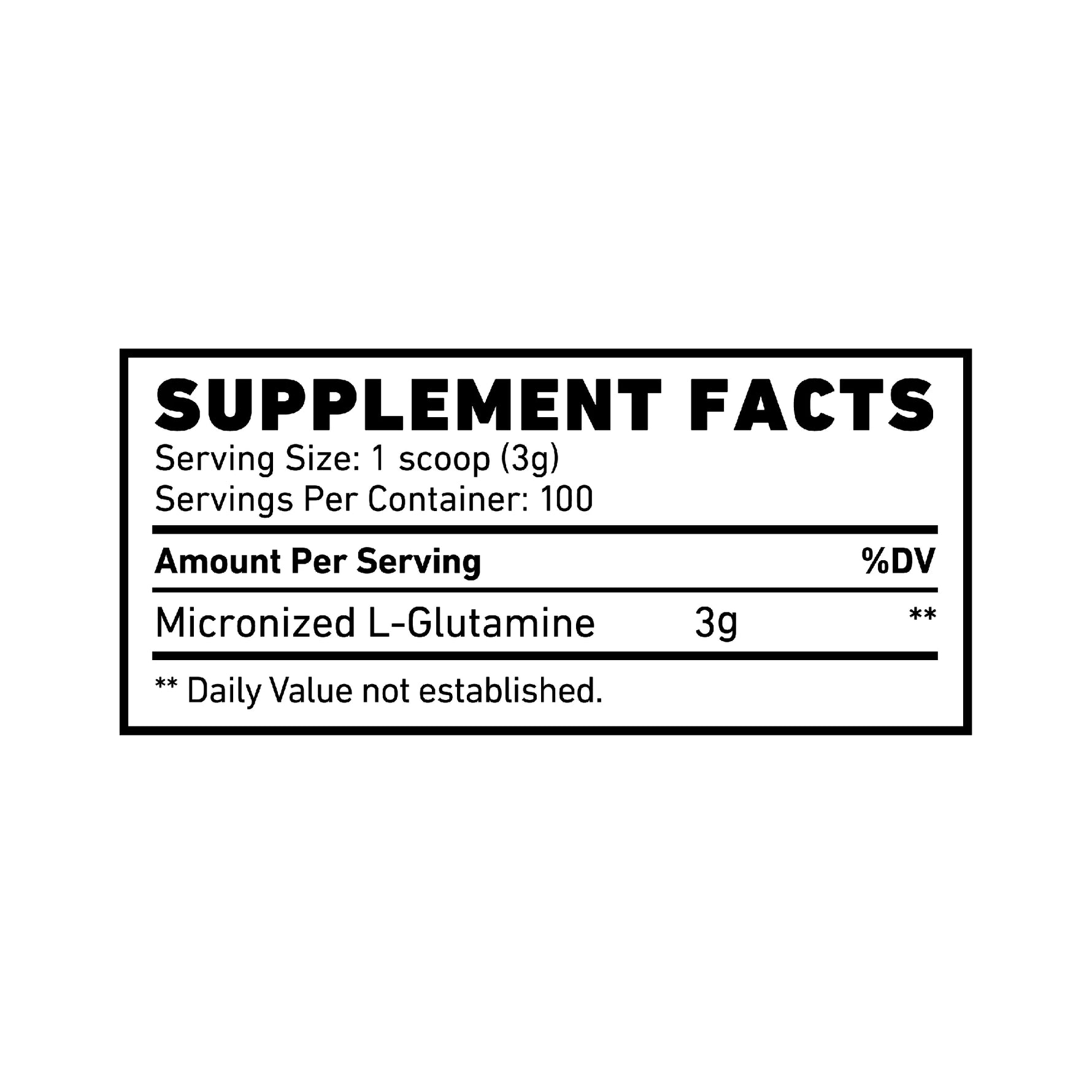 SKELETON Micronized L-Glutamine Supplement Facts Panel Showing Ingredients, Serving Size, Recovery and Workout Support Information