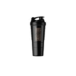 Skeleton Nutrition black smart shaker with integrated storage compartments for protein powder and supplements.