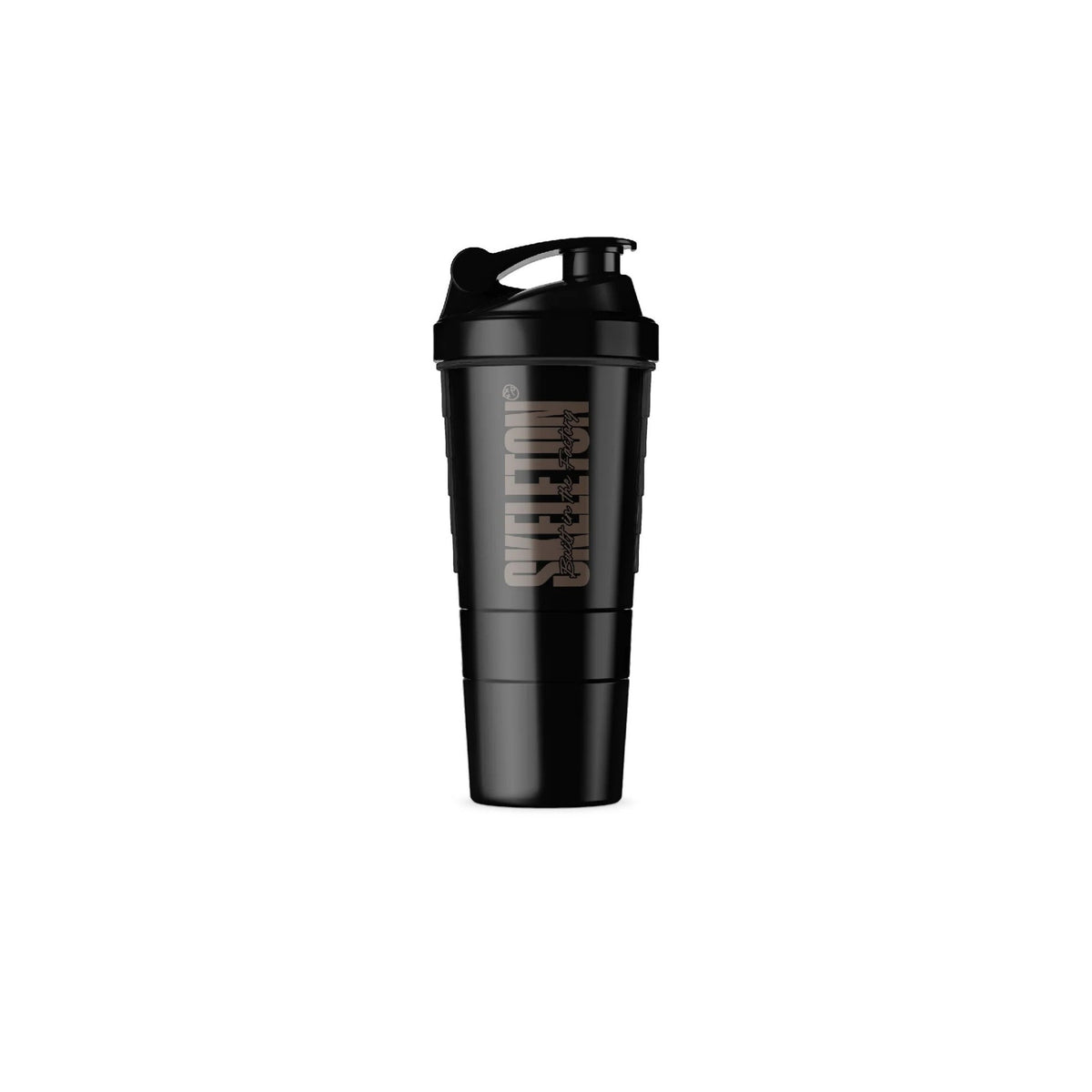 Skeleton Nutrition black smart shaker with integrated storage compartments for protein powder and supplements.