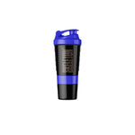 Skeleton Nutrition blue and black BPA-free smart shaker with integrated storage compartments for supplements