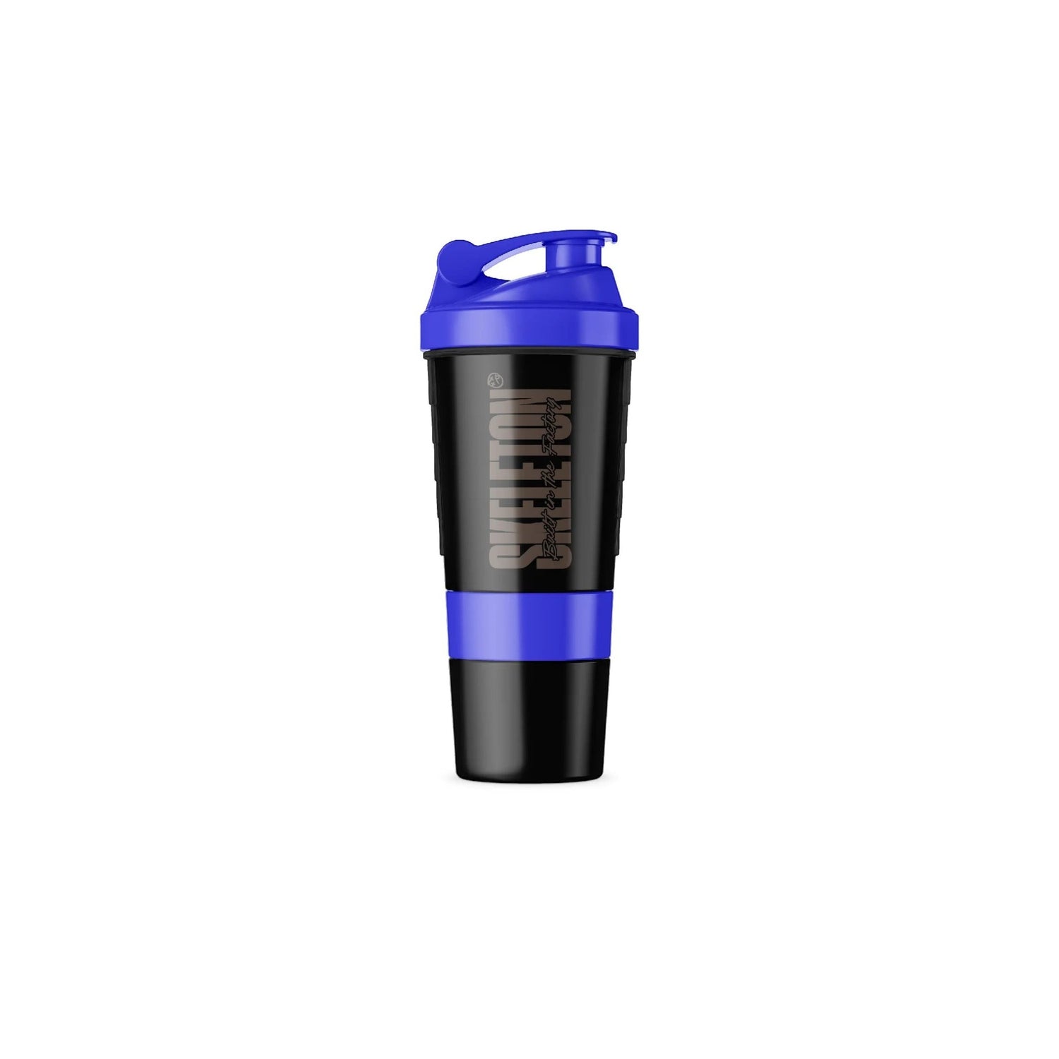 Skeleton Nutrition blue and black BPA-free smart shaker with integrated storage compartments for supplements