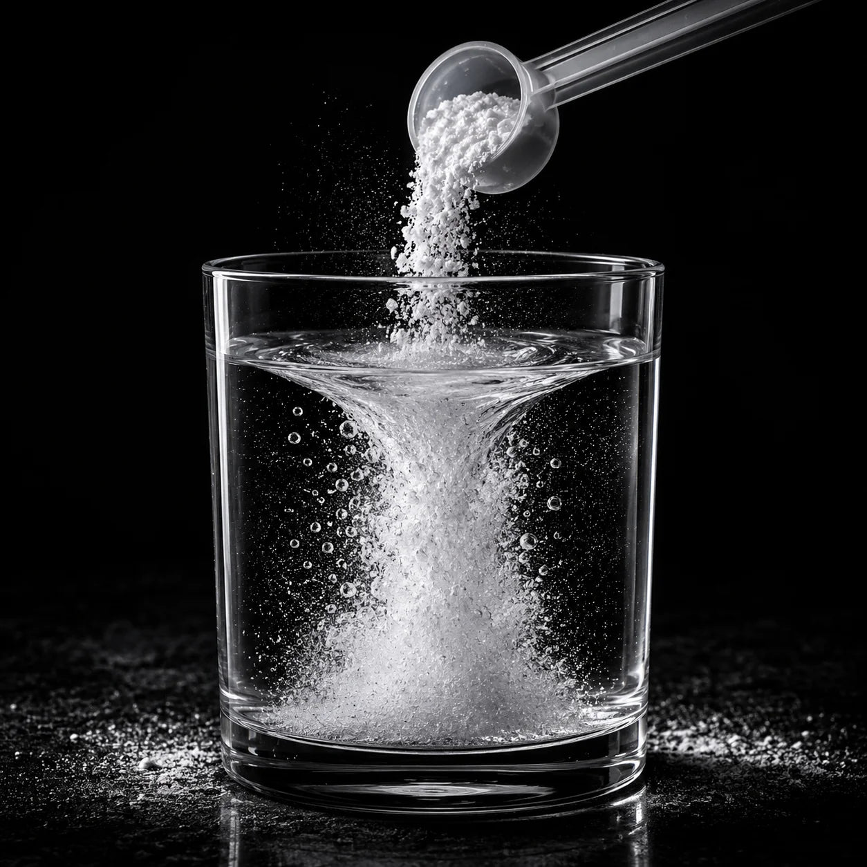 SKELETON® Nutrition micronized creatine monohydrate dissolving in water with visible mixing vortex in a clear glass on a dark studio background