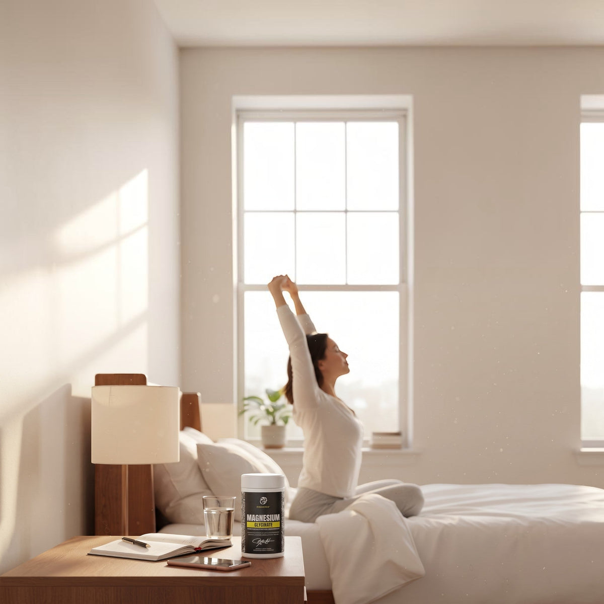Skeleton Nutrition Magnesium Glycinate supplement bottle on a bedside table next to a woman stretching in bed.