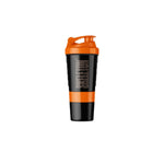Skeleton Nutrition orange and black smart shaker with integrated storage compartments for supplements and protein.