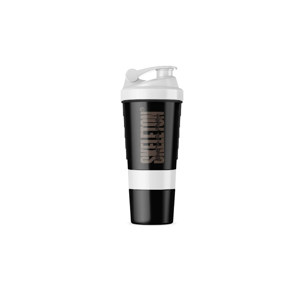 Skeleton Nutrition white and black BPA-free smart shaker with integrated storage compartments for supplements