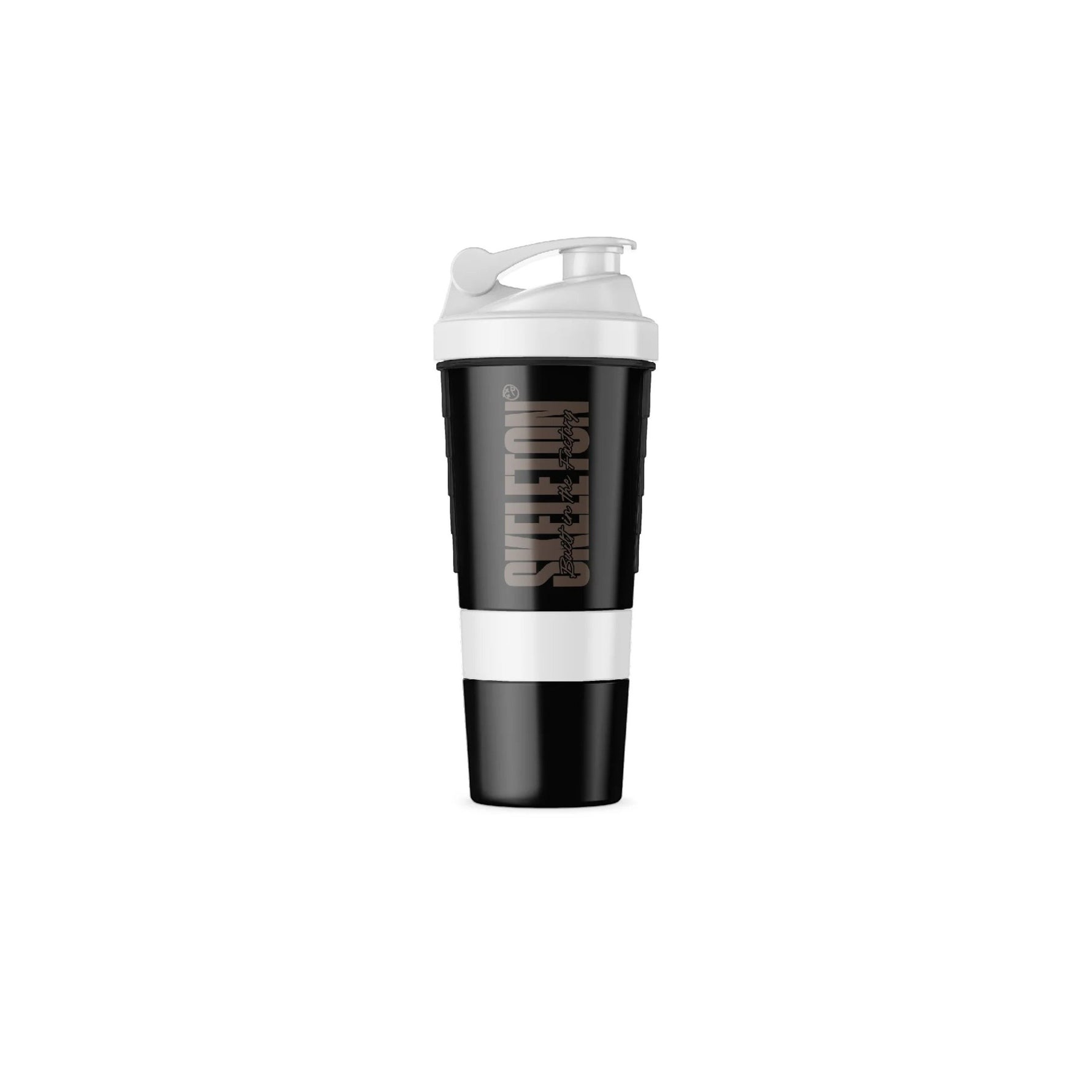 Skeleton Nutrition white and black BPA-free smart shaker with integrated storage compartments for supplements