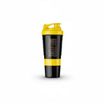 Skeleton Nutrition yellow and black BPA-free smart shaker with integrated storage compartments for supplements