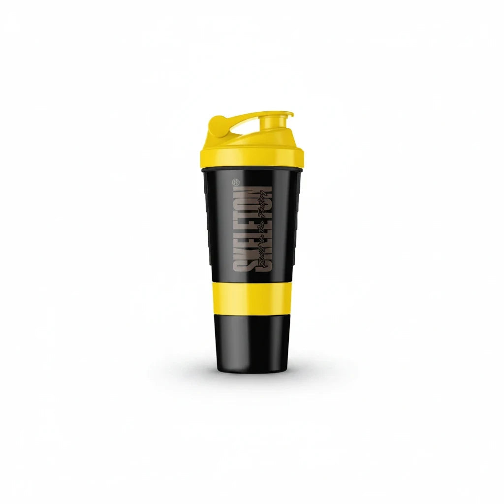 Skeleton Nutrition yellow and black BPA-free smart shaker with integrated storage compartments for supplements