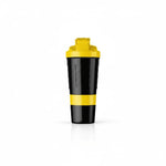 Skeleton Nutrition yellow and black BPA-free smart shaker with integrated storage compartments for supplements.