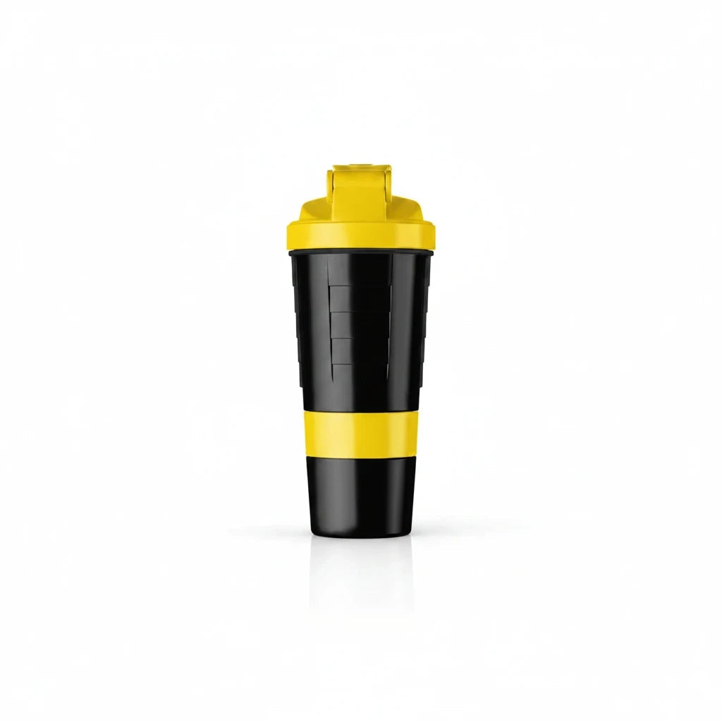 Skeleton Nutrition yellow and black BPA-free smart shaker with integrated storage compartments for supplements.