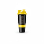 Skeleton Nutrition yellow and black BPA-free smart shaker with integrated storage compartments for supplements.