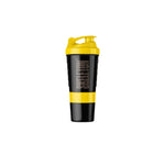 Skeleton Nutrition yellow and black BPA-free smart shaker with integrated storage compartments for supplements