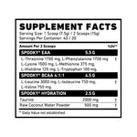 SKELETON Spooky EAA + BCAA Supplement Facts Panel with Essential Amino Acids, BCAAs, Recovery Support, Hydration Support and Nutrition Information