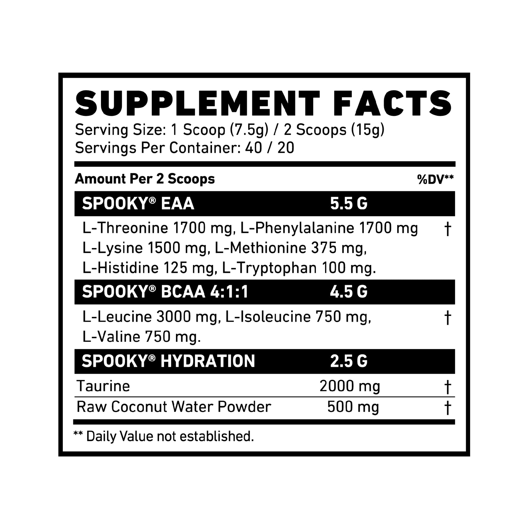 SKELETON Spooky EAA + BCAA Supplement Facts Panel with Essential Amino Acids, BCAAs, Recovery Support, Hydration Support and Nutrition Information
