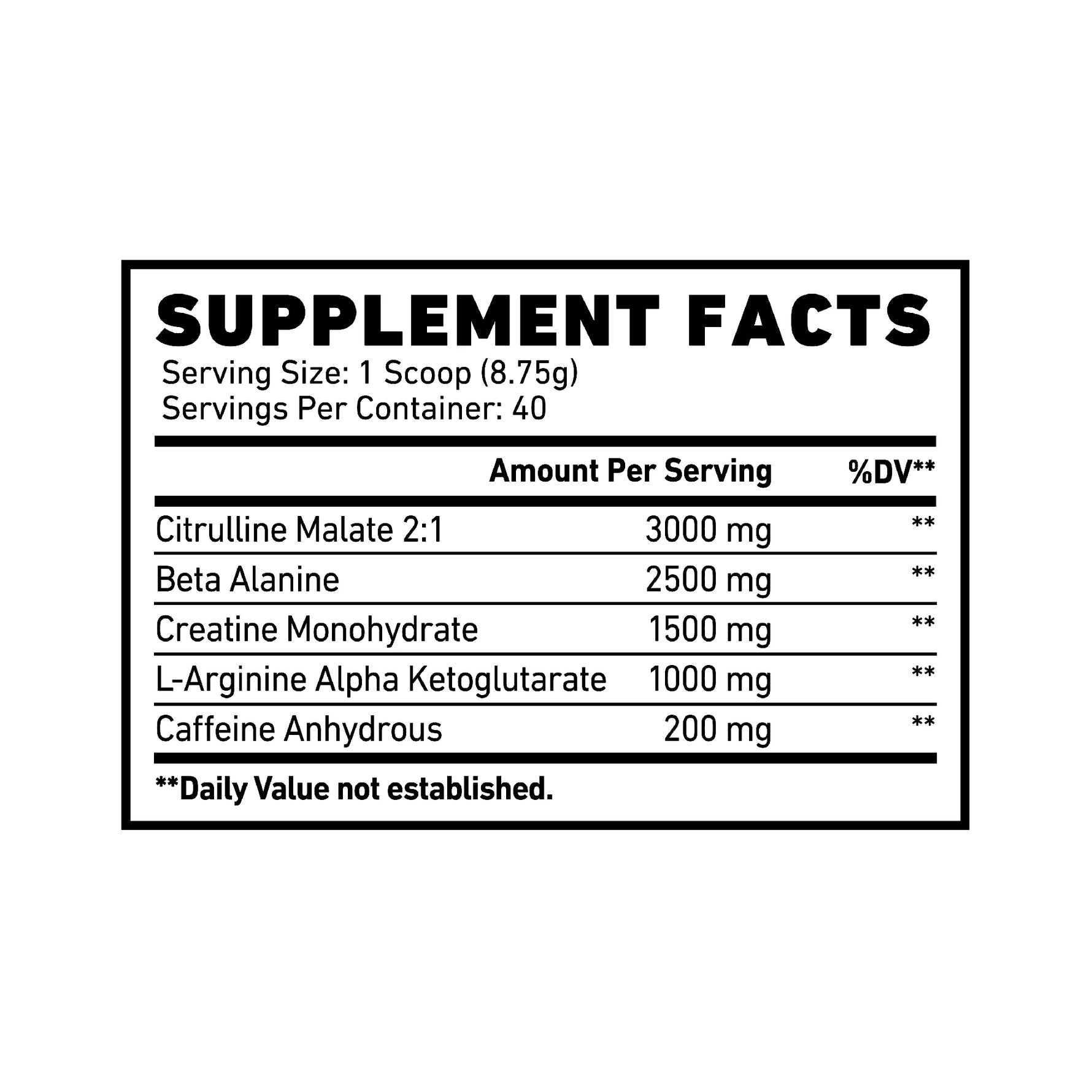 SKELETON Spooky Pre Workout Supplement Facts Panel with Ingredients, Serving Size, Energy, Focus, Muscle Pump and Workout Performance Information