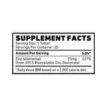 SKELETON Zinc Gluconate Supplement Facts Panel with Elemental Zinc Content, Ingredients, Serving Size and Nutrition Information